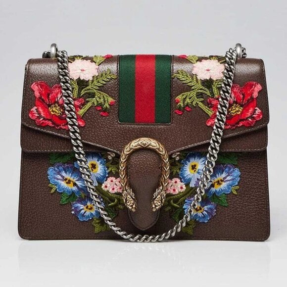 Gucci Gray Leather Floral Embroidered Dionysus Shoulder Bag - Picture 1 of 12